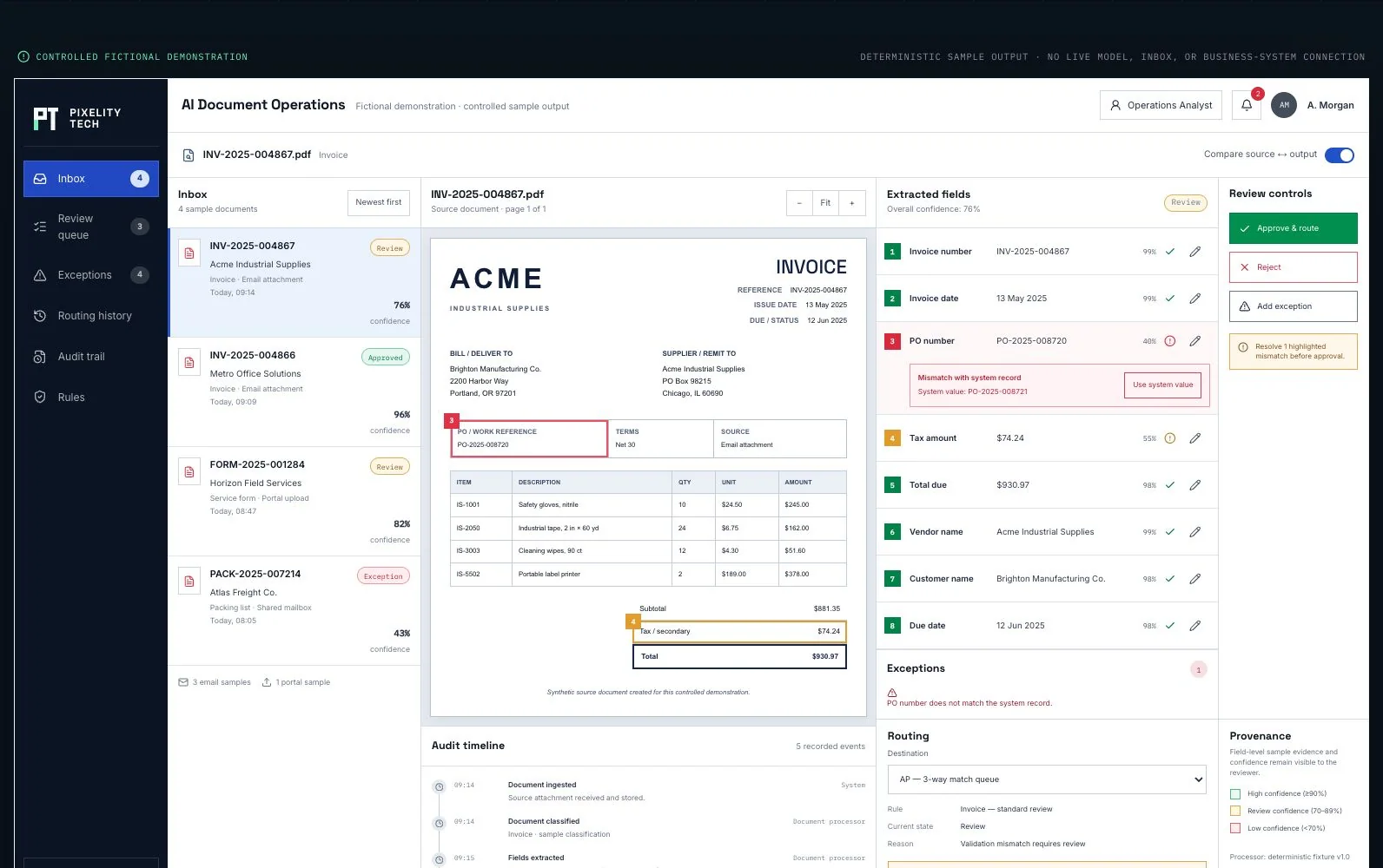 AI Document Operations fictional demonstration comparing a synthetic invoice with extracted fields and review controls.