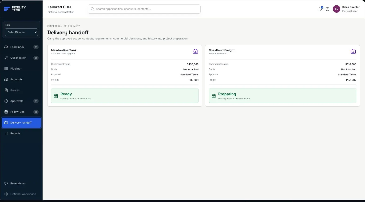 Tailored CRM fictional delivery handoff showing commercial value, approval, and project kickoff state.