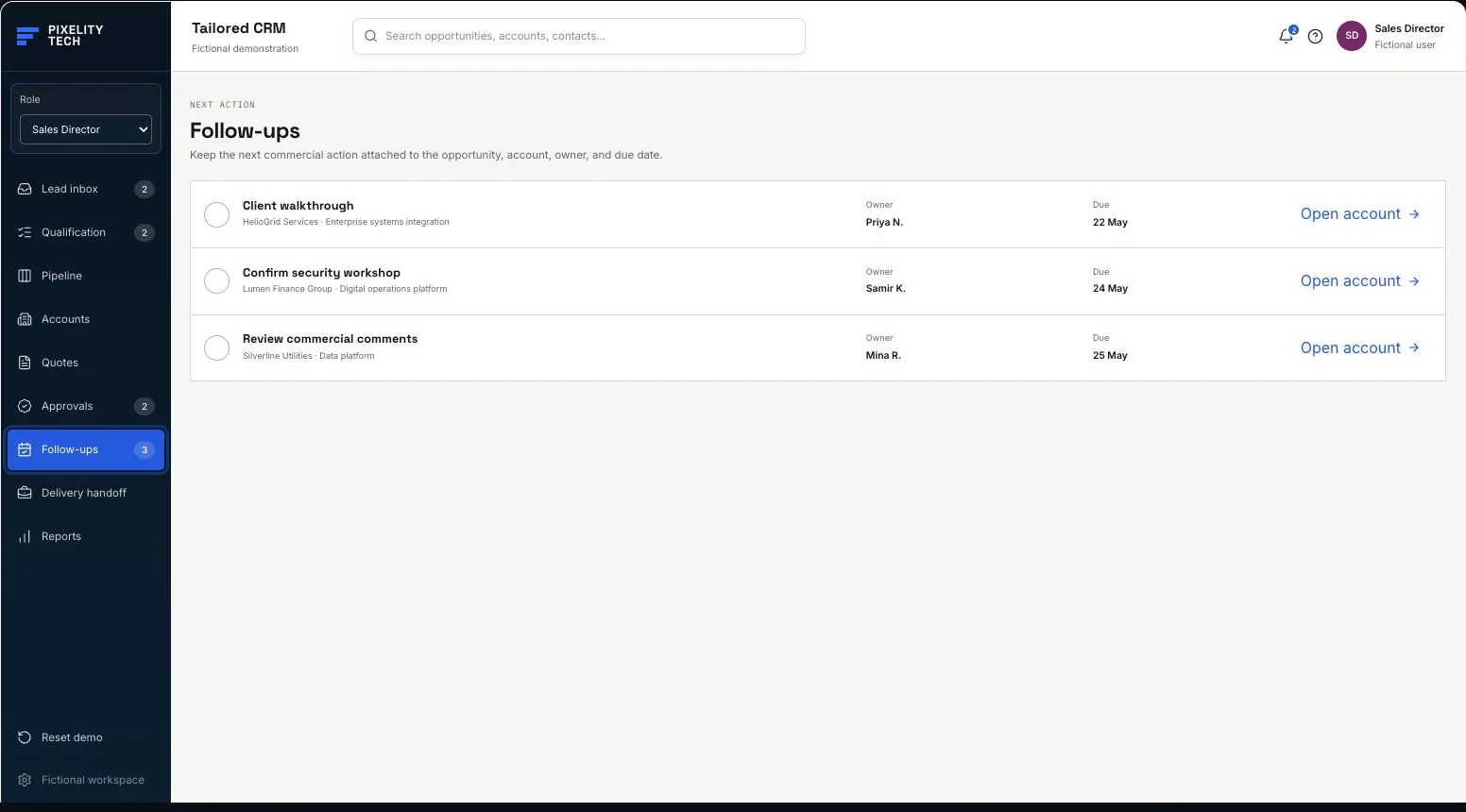 Tailored CRM fictional follow-up view showing responsibilities, due dates, linked opportunities, and completion state.