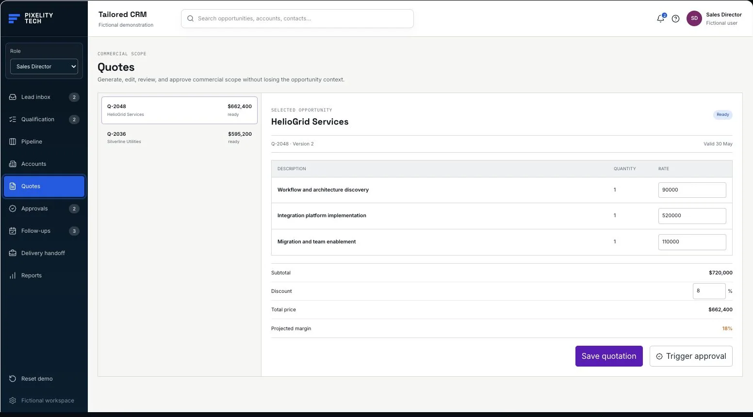 Tailored CRM fictional quotation workspace with scope, rates, discount, and projected margin.